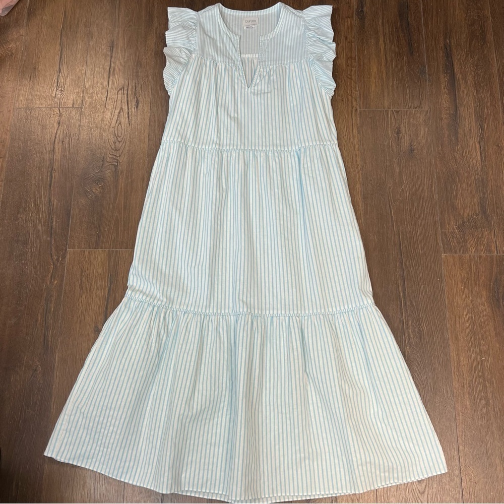 SAYLOR Blue Tiered Flutter‎ Sleeve Striped Sundress SZ MED - Picture 3 of 8